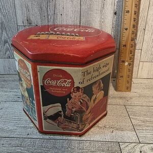 Coca-Cola Hexagonal Tin with Red and Cream Design